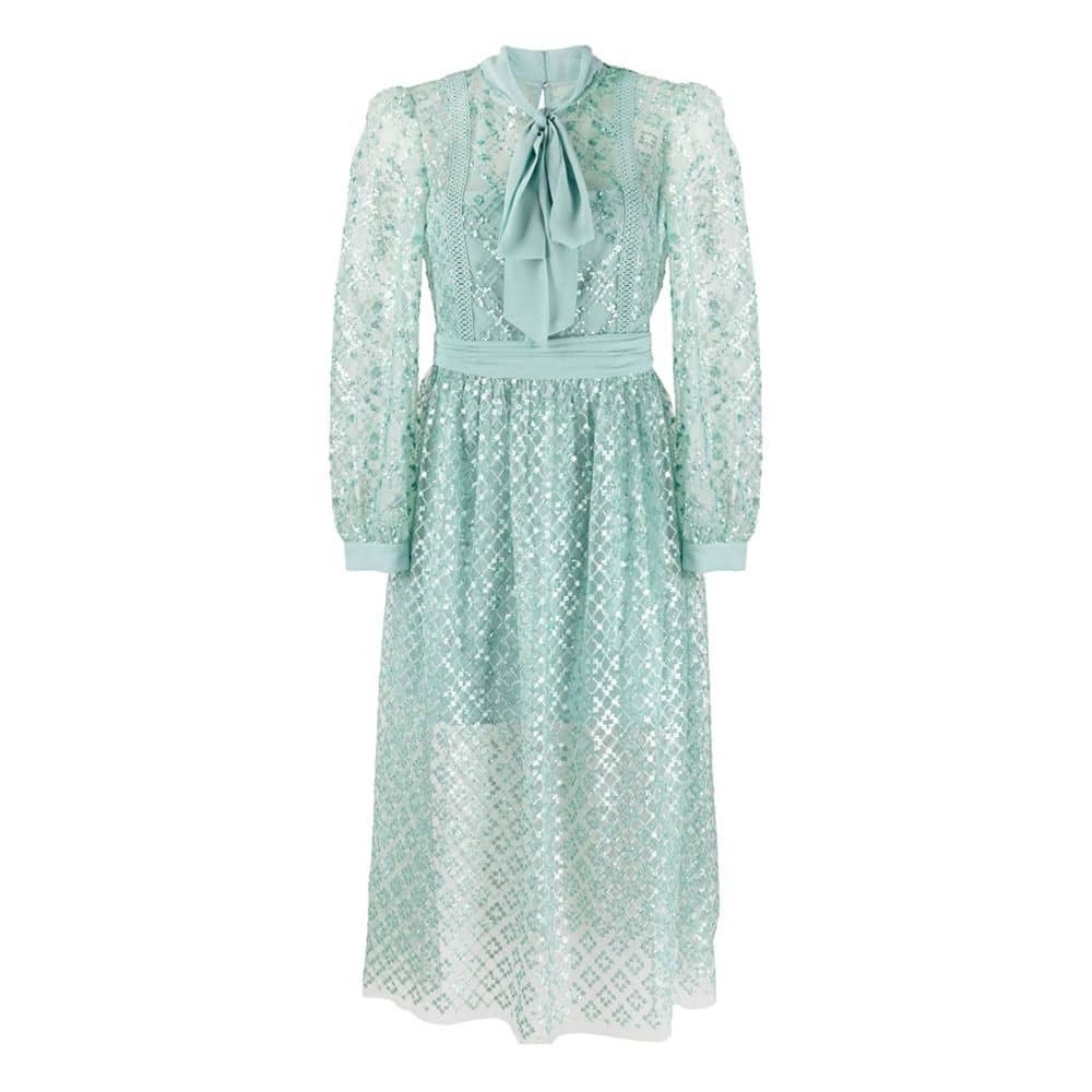 Self Portrait Sequin Embellished Semi Sheer Bow Lace Midi Dress